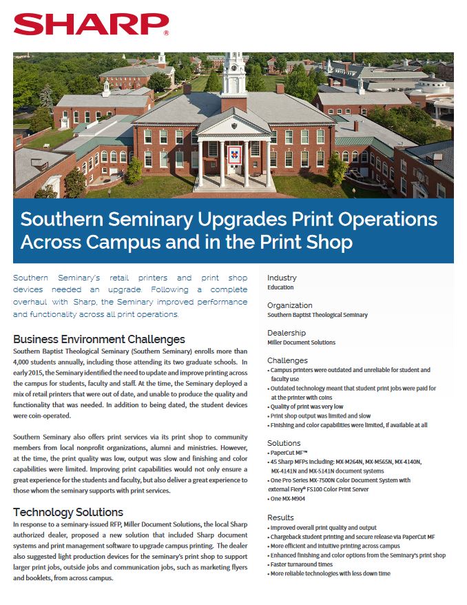 Sharp, Southern Seminary, Print Operations, Case Study, Education, Executex Office Technologies