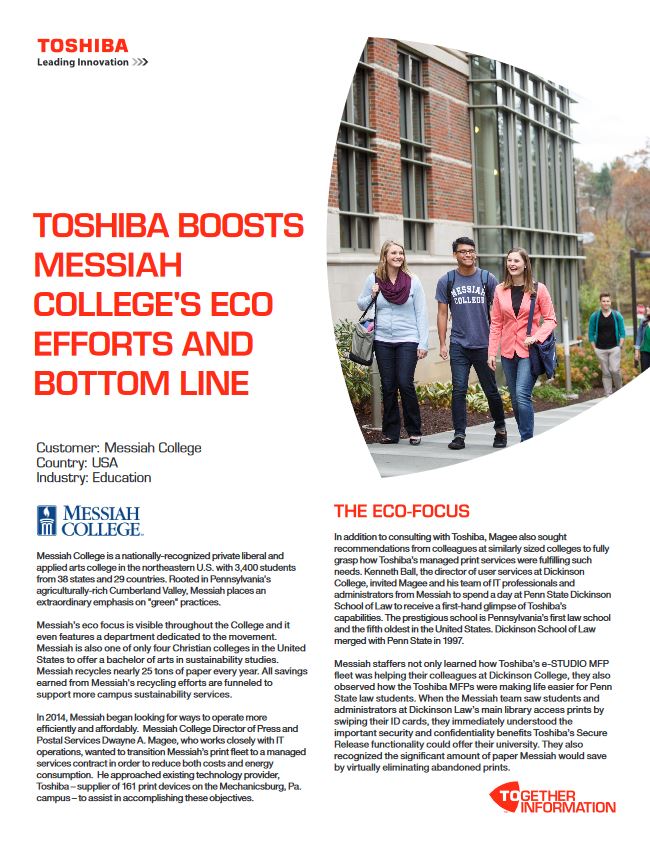 Messiah College, Eco Efforts, Industry Solutions, Vertical Markets, Toshiba, Executex Office Technologies